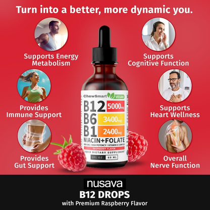 Vitamin B12 Liquid Supplement Drops with B6, B1, Niacin & Folate